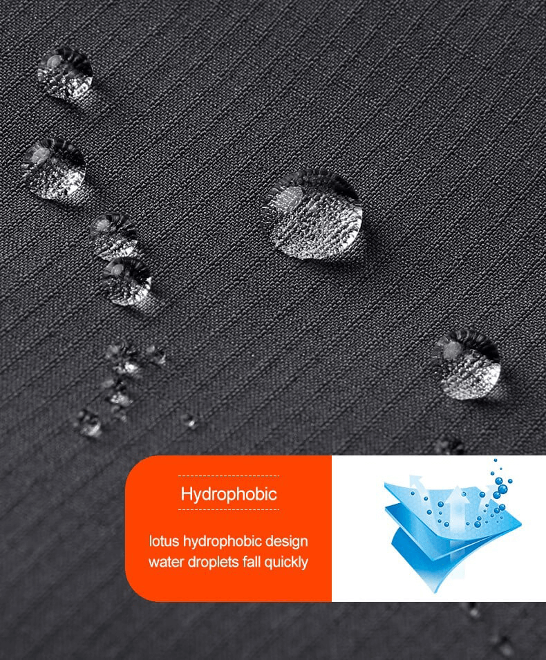 Close-up of water droplets on a hydrophobic fabric, showcasing the lotus effect of the Women's Warm Windbreaker, model SF0150.